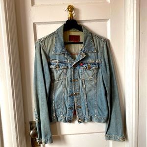 Big Star Distressed & Tea Stained (tan hues) Denim Jacket. Size Large.